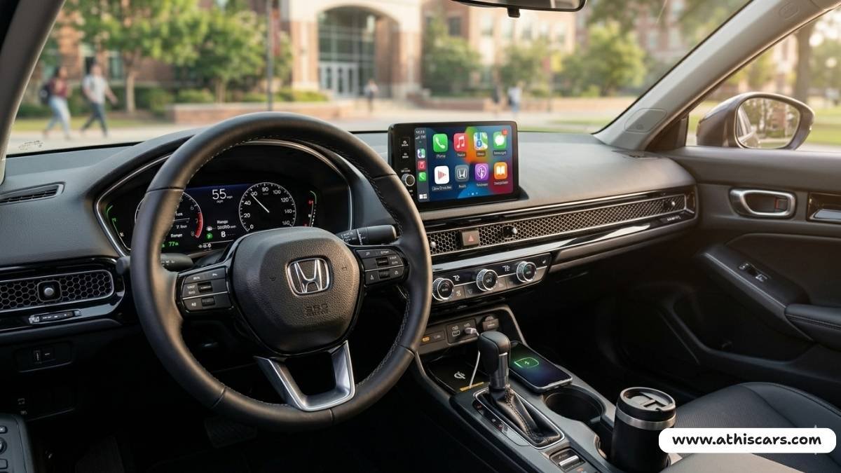 Best affordable cars for college students 2025 Honda Civic interior with Apple CarPlay touchscreen and USB ports