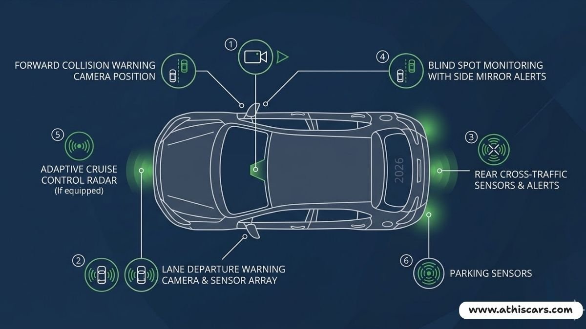 Best cars under $20000 in USA 2026 — standard safety technology sensor placement infographic