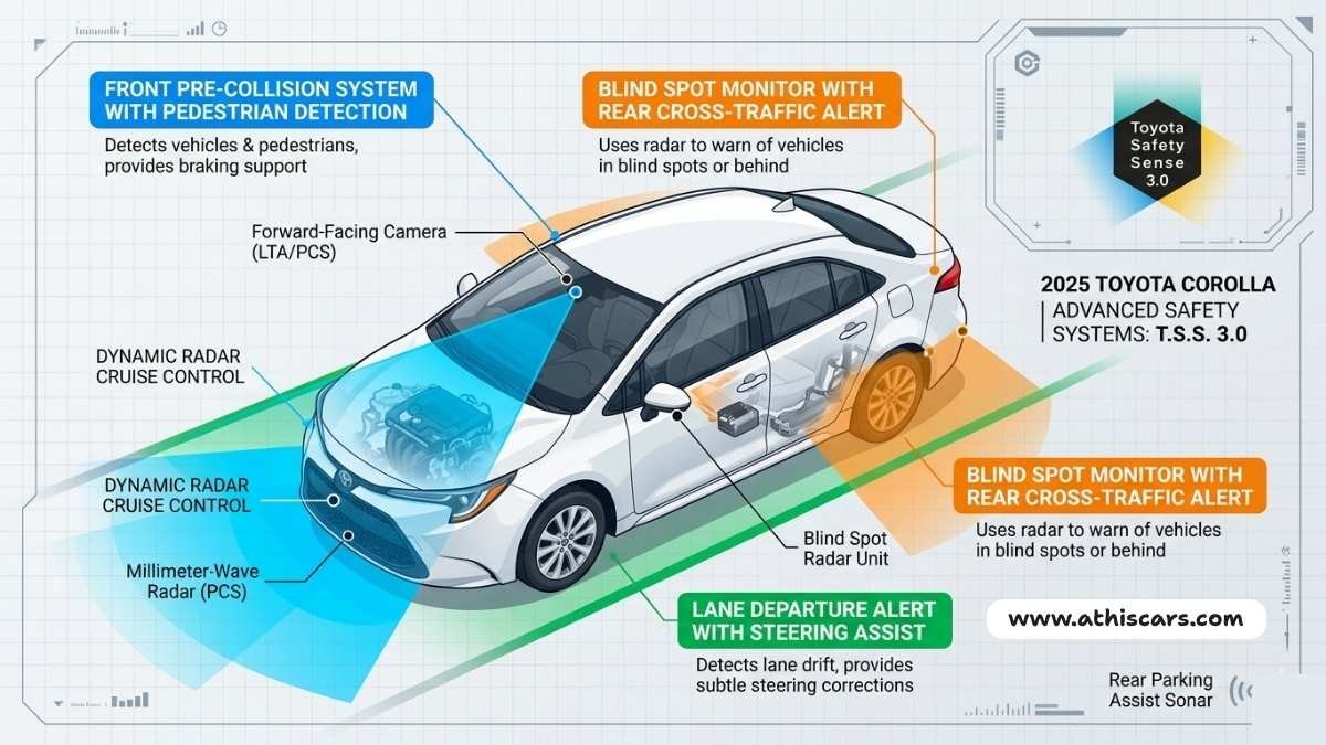 Cars for students safety tech infographic 2025 Toyota Corolla Safety Sense 3.0 sensor