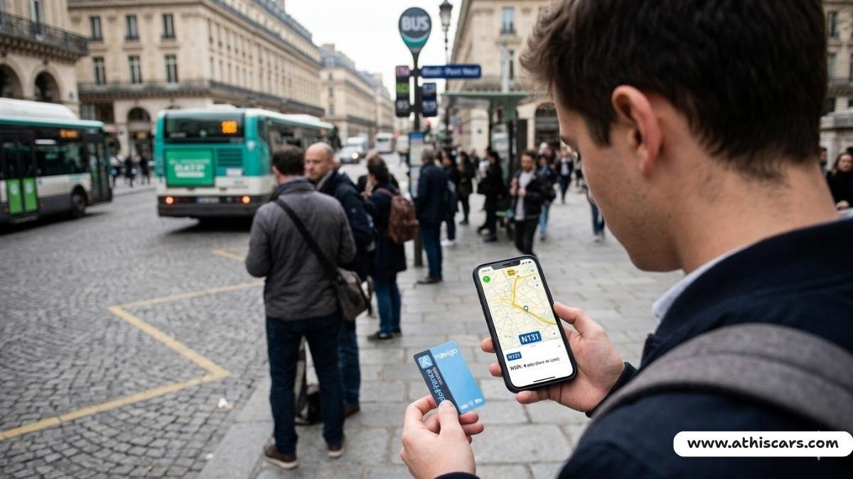 Commuter checking Noctilien N131 route and bus schedules on a smartphone using a Navigo card