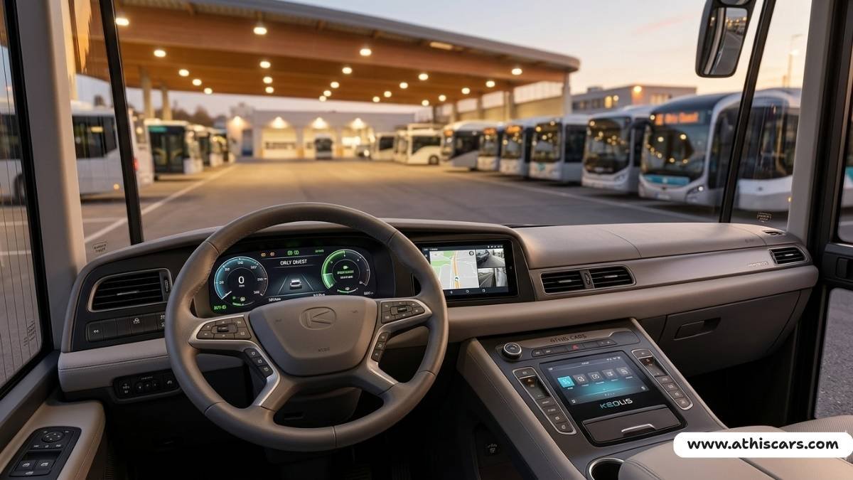 Modern Athis Cars Keolis bus interior dashboard and steering wheel representing safety and technology.