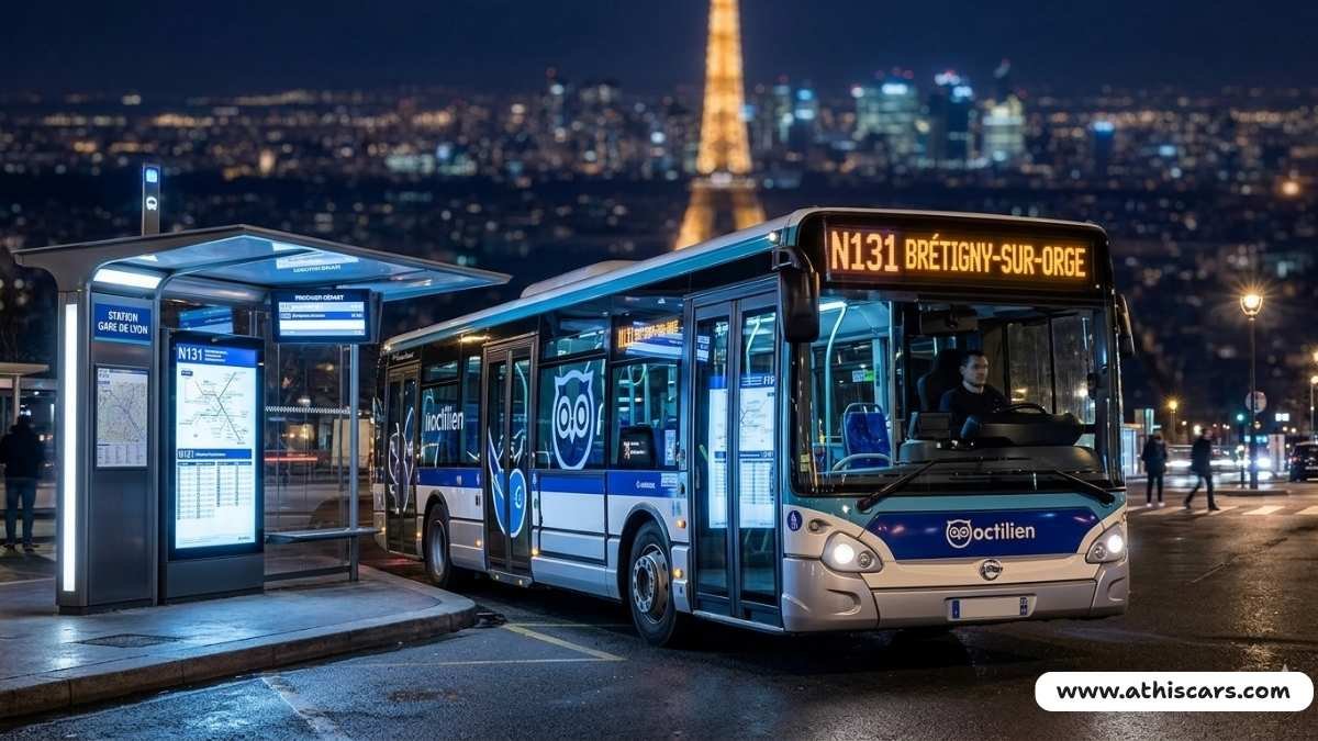Noctilien N131 night bus heading to Brétigny-sur-Orge at a Parisian bus stop.