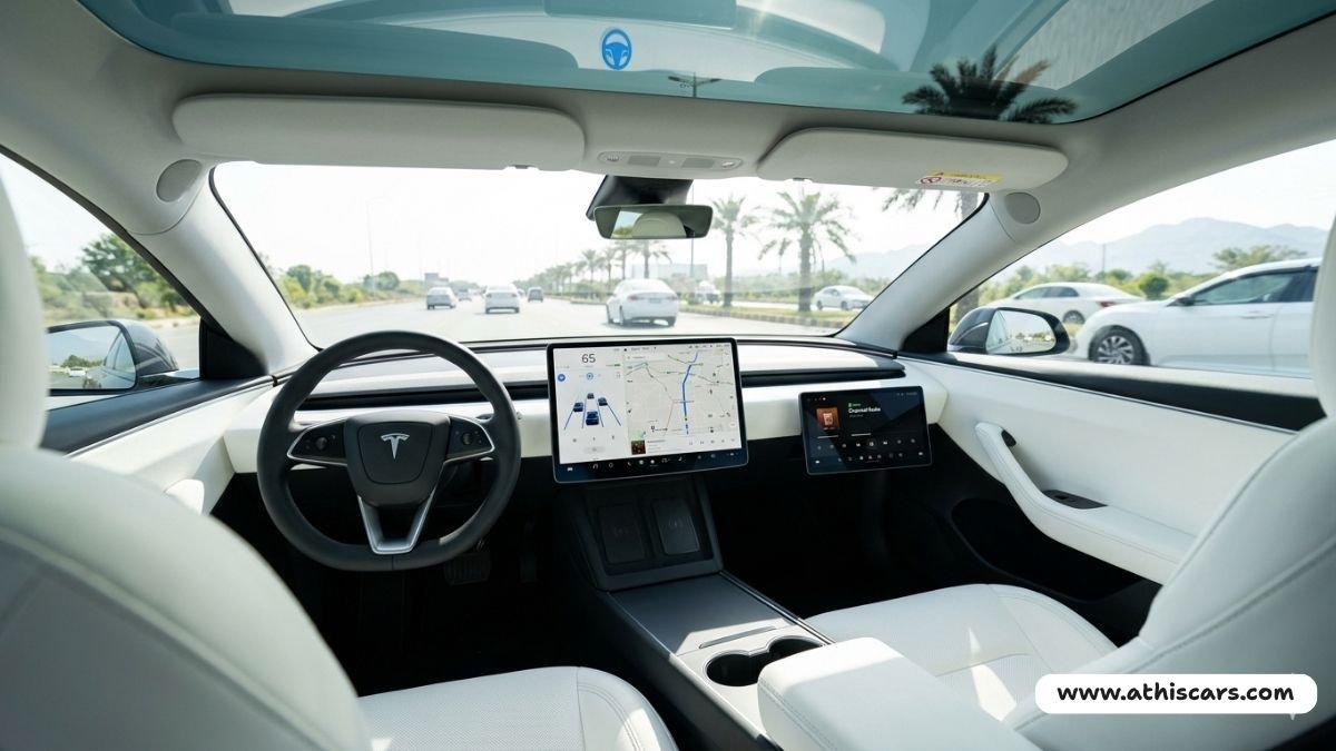 Best electric sedans 2026 under $30k Tesla Model 3 interior 15.4-inch touchscreen and vegan leather dashboard