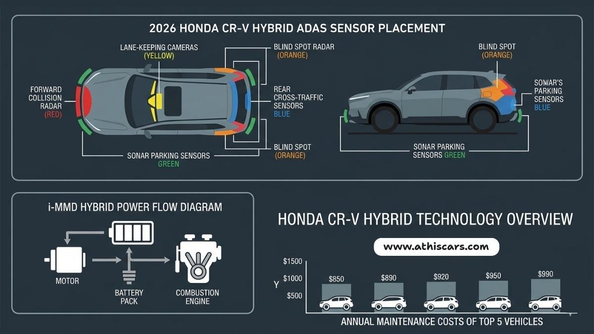 Cheapest cars to maintain and insure USA 2026 – Honda CR-V Hybrid ADAS sensor placement and i-MMD hybrid system infographic