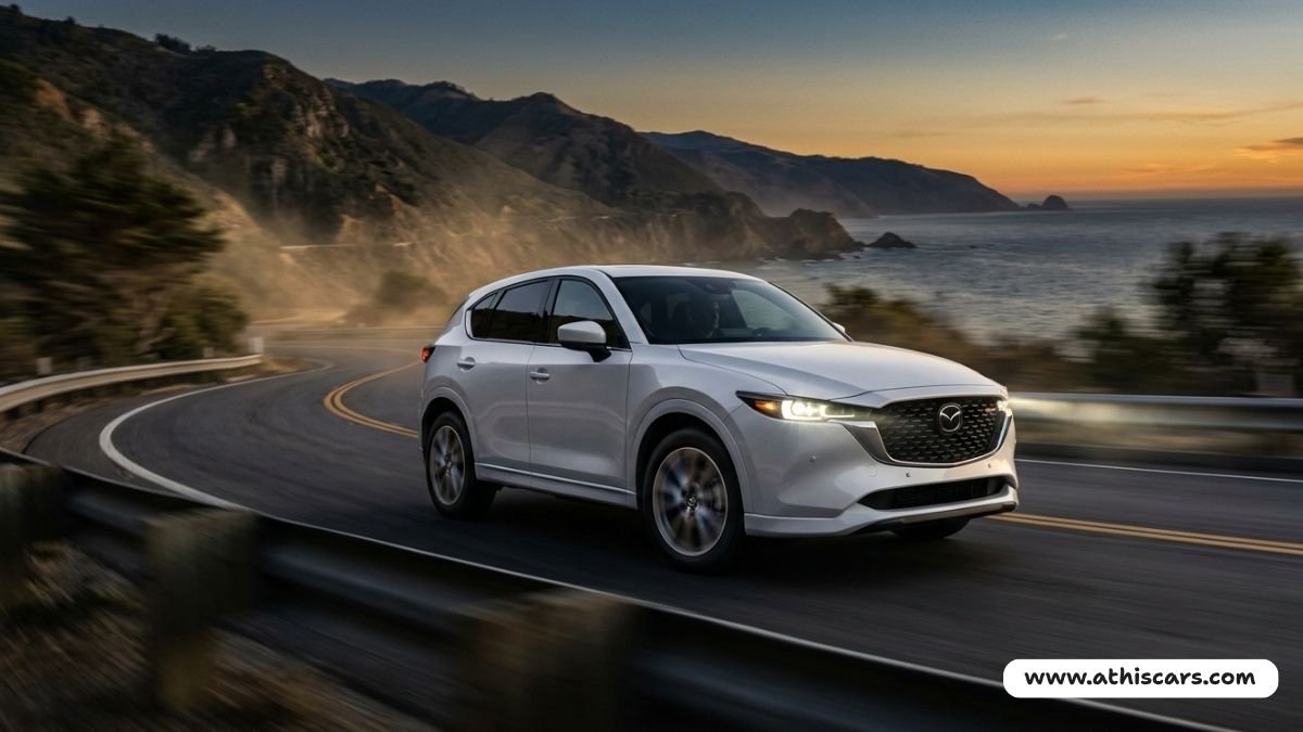 Low maintenance cars USA 2026 SUV – 2026 Mazda CX-5 Turbo AWD coastal highway action shot in Rhodium White Pearl