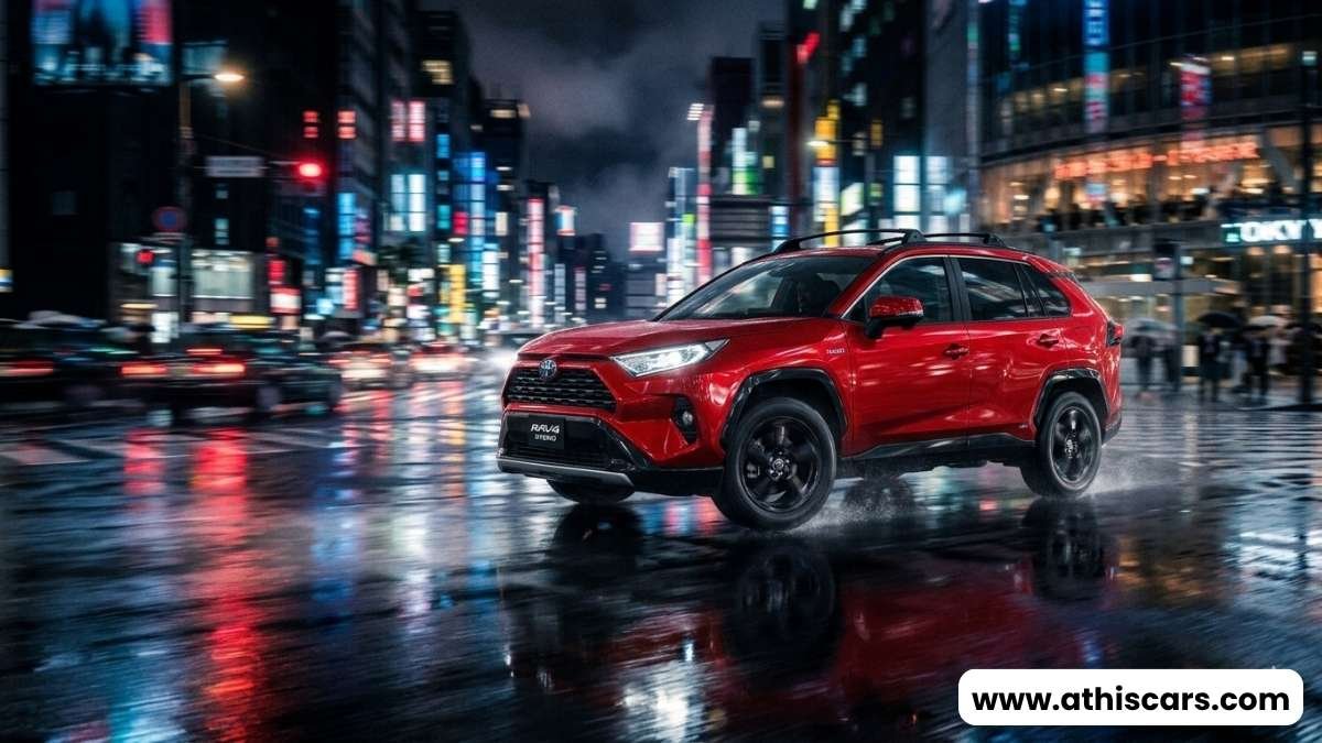 Best hybrid SUV for beginners USA — 2026 Toyota RAV4 Hybrid driving in wet city